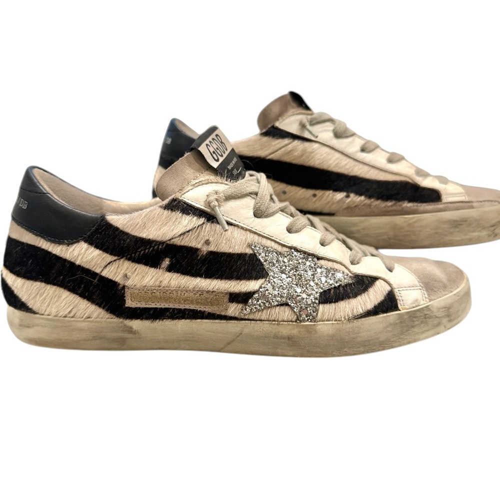 Golden Goose Super-Star Zebra Pony Hair Sneakers w/ Silver Glitter Star (rare)